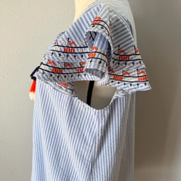 THML Blue and White Striped Cotton Sun Dress with Tassels & Embroidered Details - Picture 5 of 14